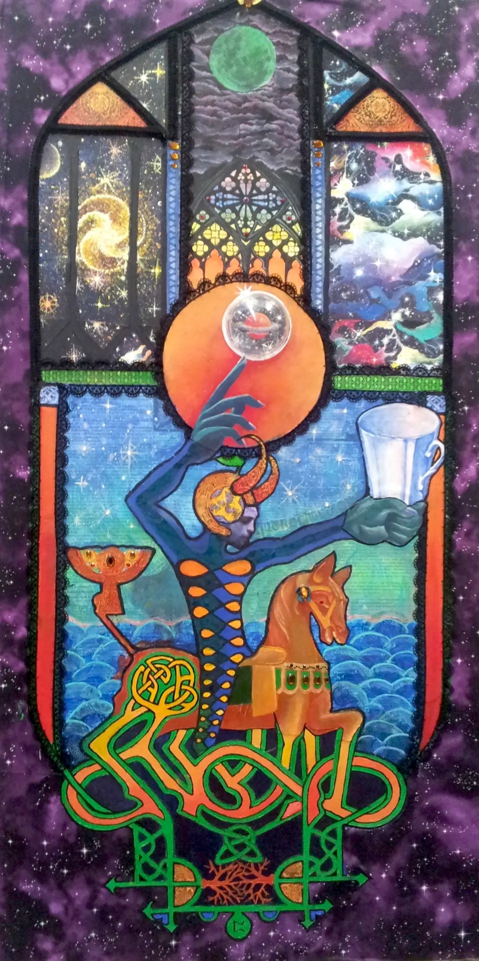 A stained-glass window collage with a knotwork emblem